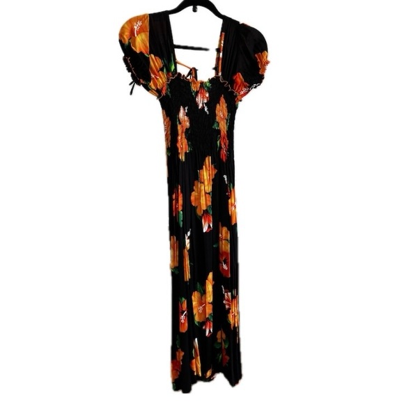 Women Maxi Dress Tropical Floral Smocked Black Orange Rayon OS - Picture 2 of 10